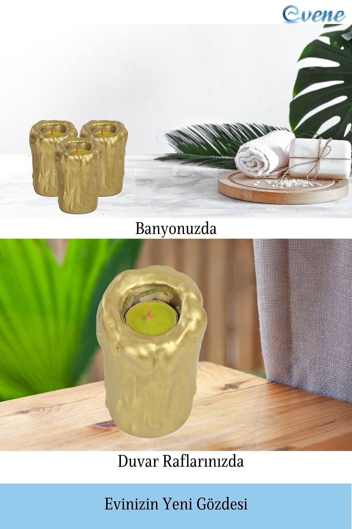 Altın Mumluk Şamdan 3 Adet Tealight Uyumlu Üçlü Büyük Erimiş Mum Model