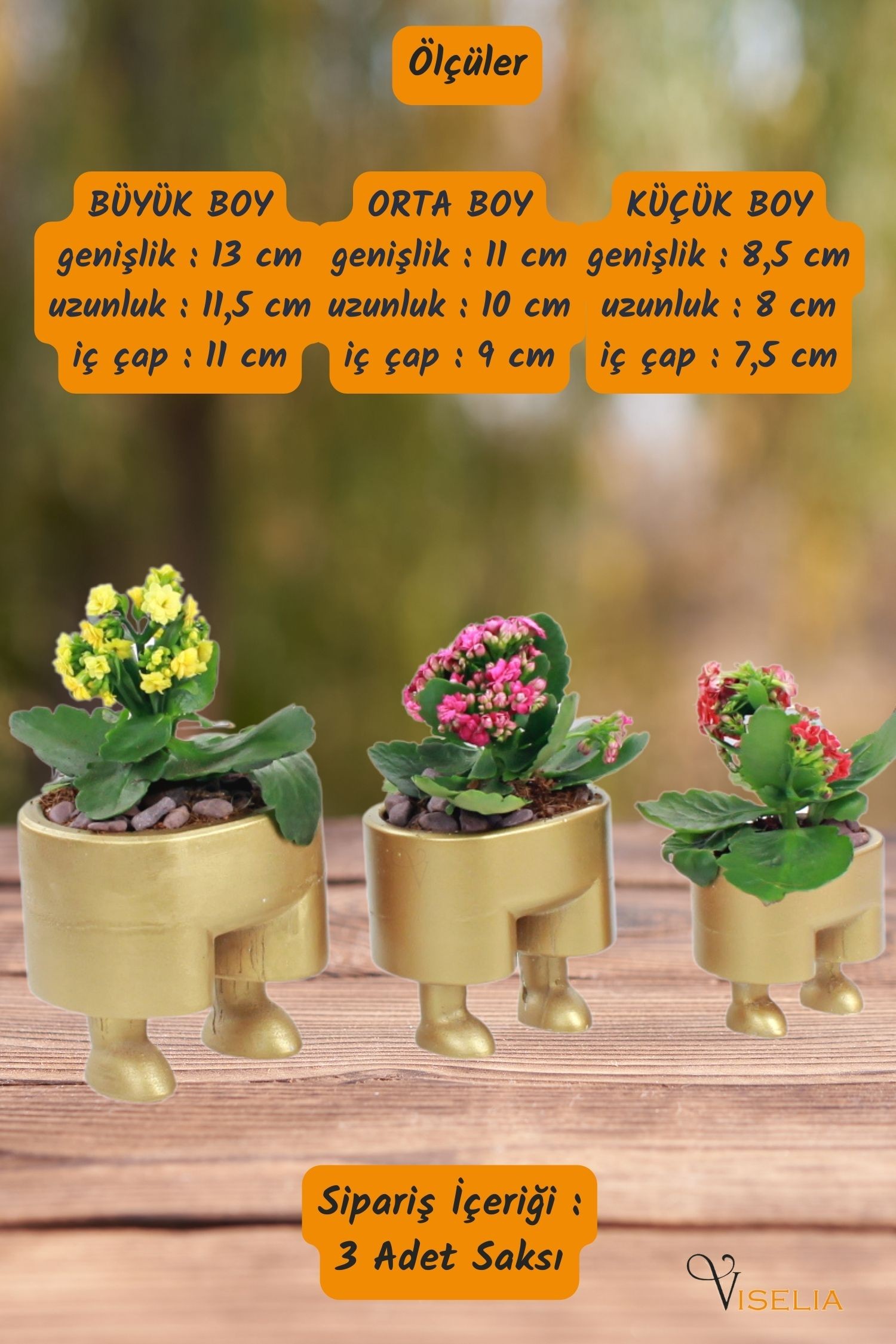 Viselia Büyük Dekoratif Saksı Altın Çiçek Saksısı 3 Adet 3 Boy Pantolon Model