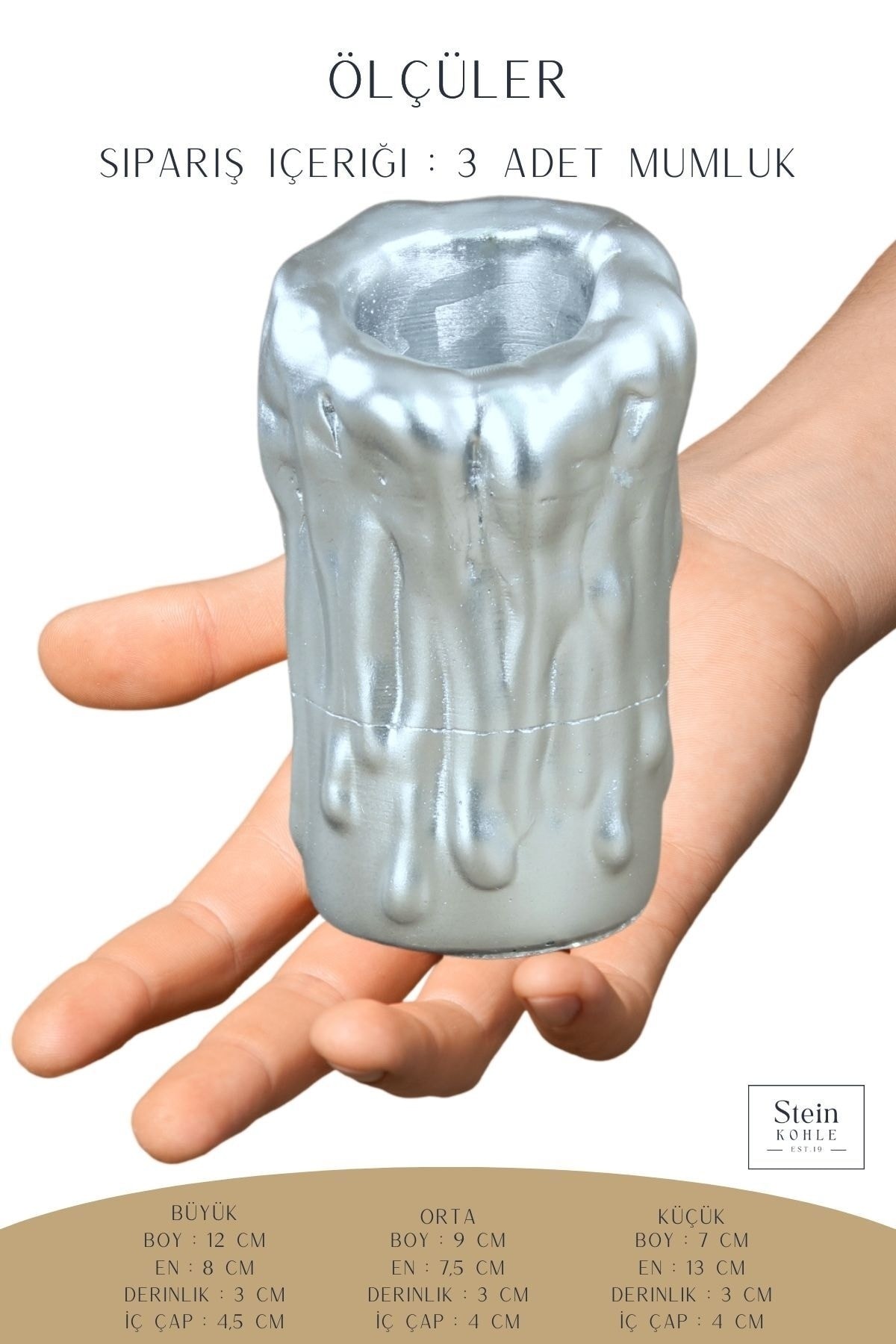 Şamdan Dekoratif Mumluk Gümüş Şamdan Set 3 lü (Üçlü) Tealight Uyumlu Erimiş Mum 3 Boy Model
