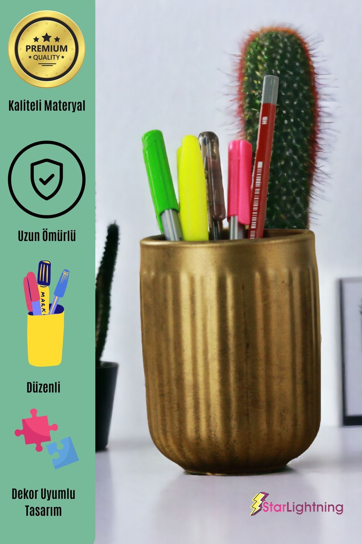 Kalemlik Altın Eskitme Renk Masa Kalemliği Organizer Kalemlik Model 11