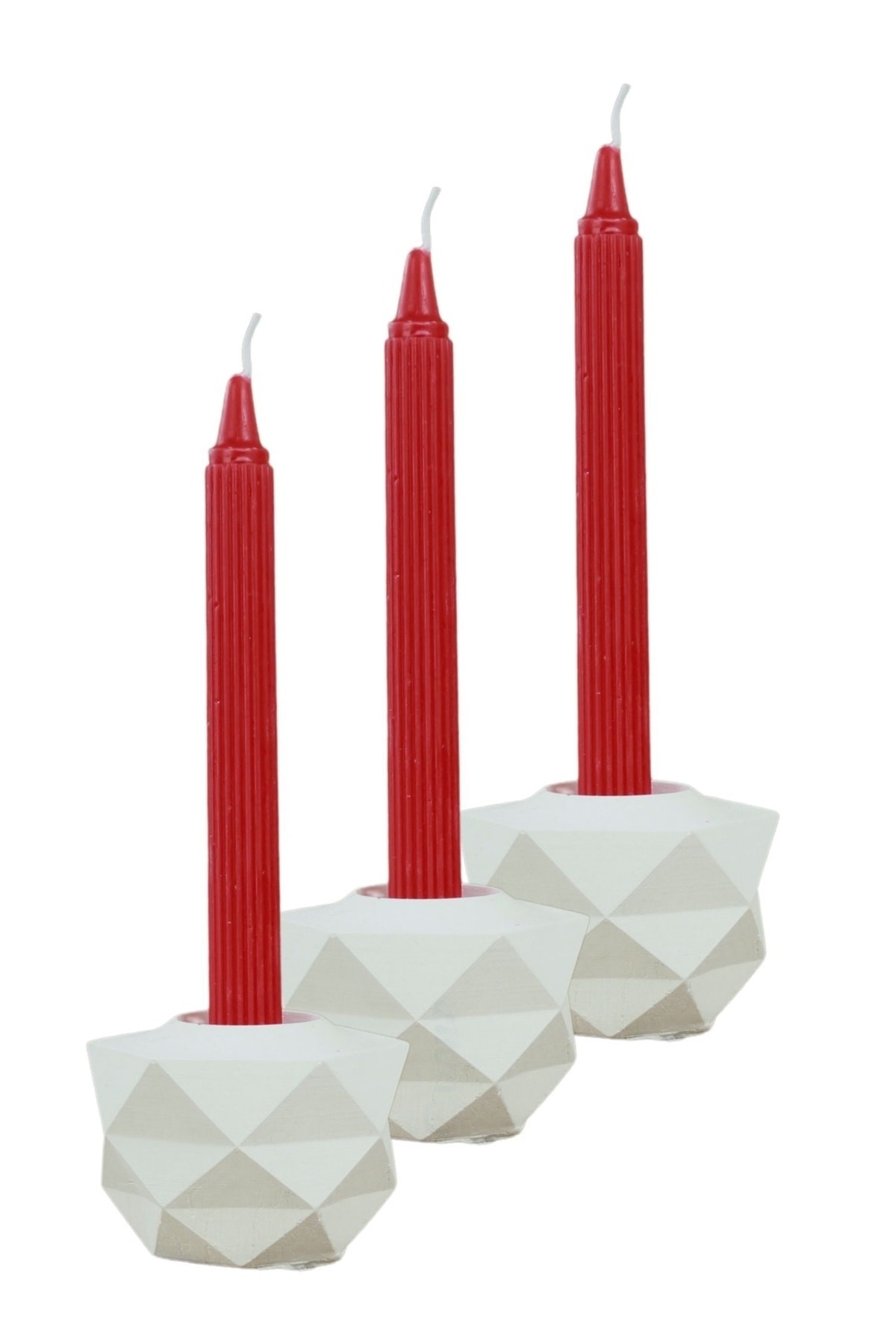 Beyaz Mumluk Şamdan 3 Adet Tealight ve İnce Mum Uyumlu Prizma Model
