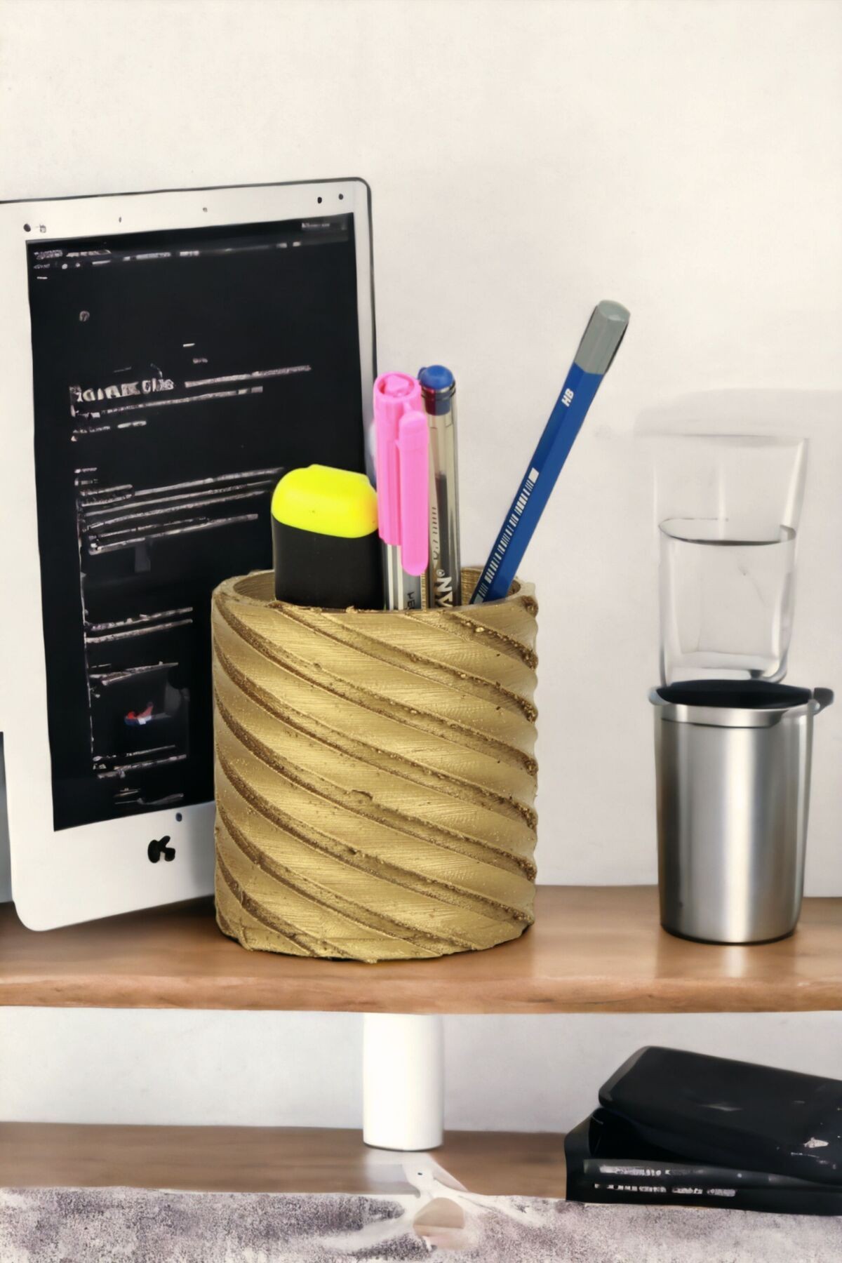 Kalemlik Altın Renk Masa Kalemliği Organizer Kalemlik Model 6