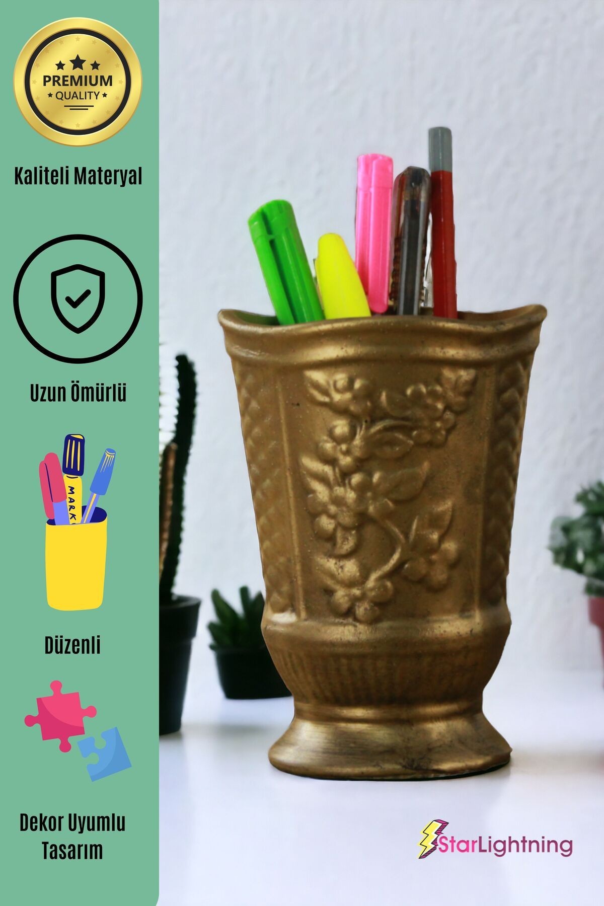 Kalemlik Altın Eskitme Renk Masa Kalemliği Organizer Kalemlik Model 9