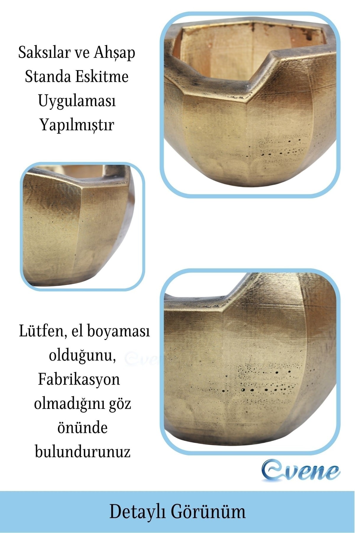 Ahşap Ayaklı Beton Saksı Büyük Boy Set 3 Adet Altın Eskitme Varak Boyalı Eskitmeli Önü Açık Model