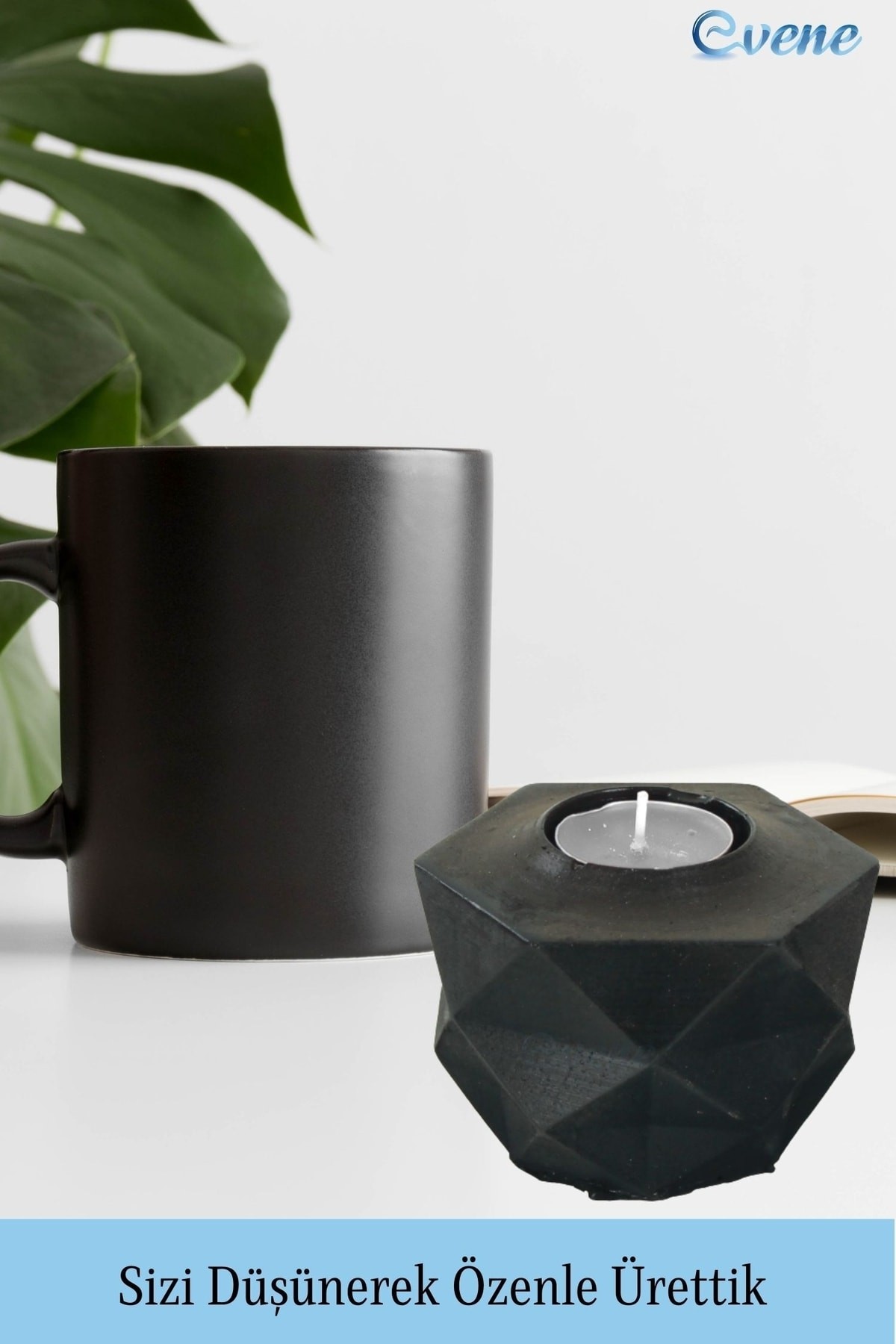 Siyah Mumluk Şamdan Tealight ve İnce Mum Uyumlu Prizma Model