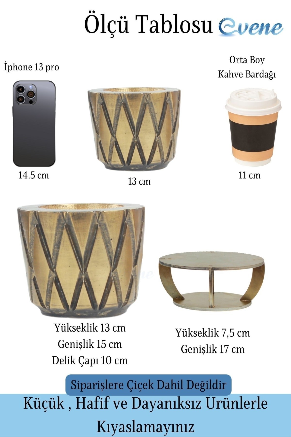 Ahşap Ayaklı Beton Saksı Büyük Boy 1 Adet Altın Varak Boyalı Eskitmeli Baklava Model