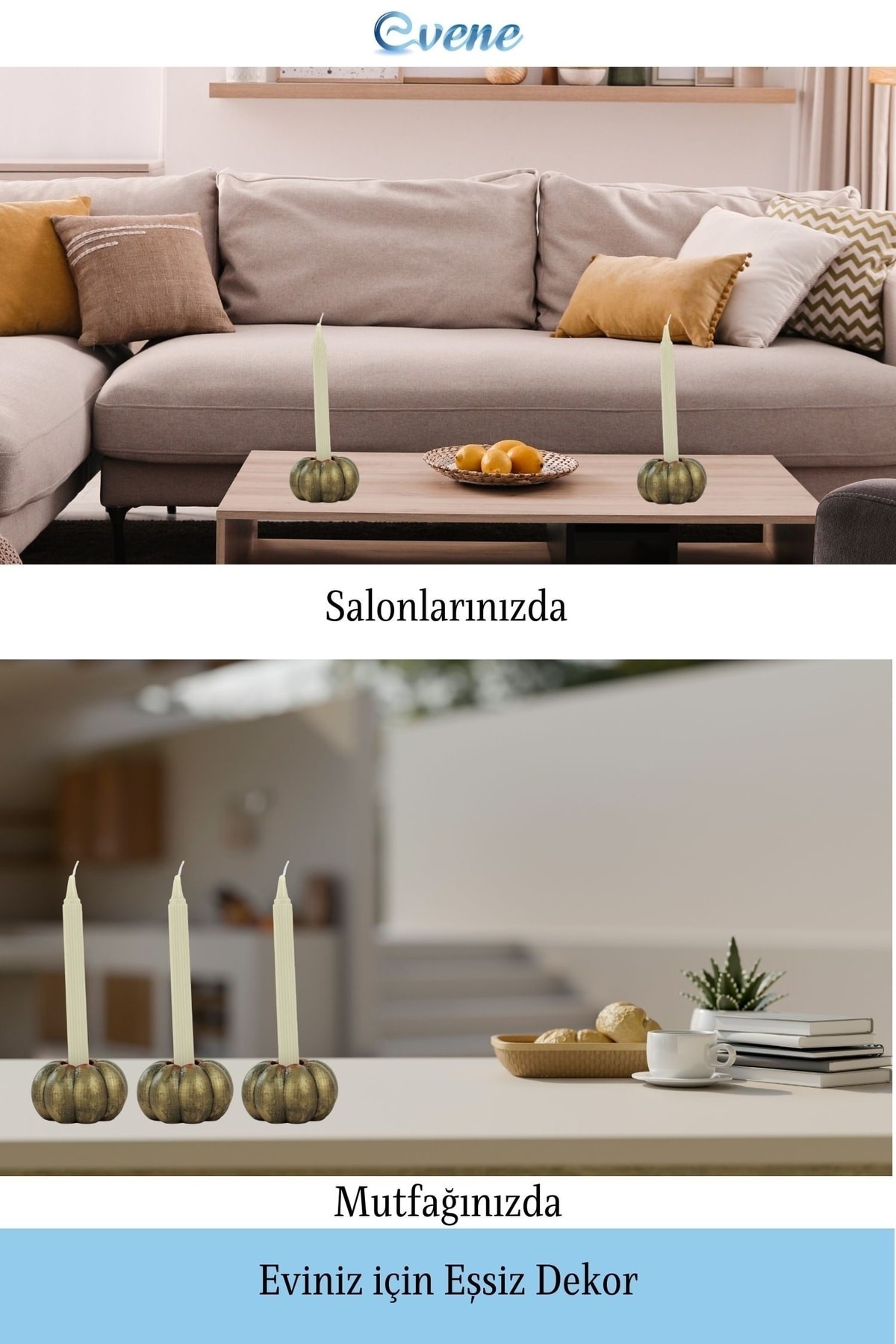 Altın Eskitme Mumluk Şamdan Tealight ve İnce Mum Uyumlu Kabak Model