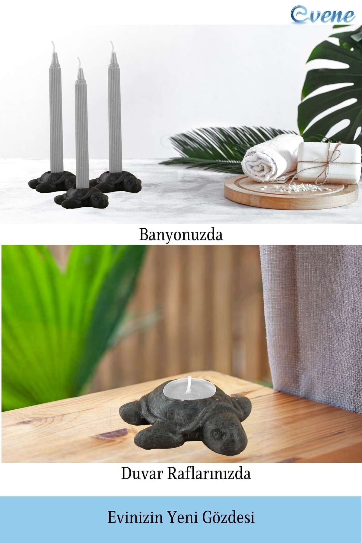 Siyah Mumluk Şamdan Tealight ve İnce Mum Uyumlu Kaplumbağa Model