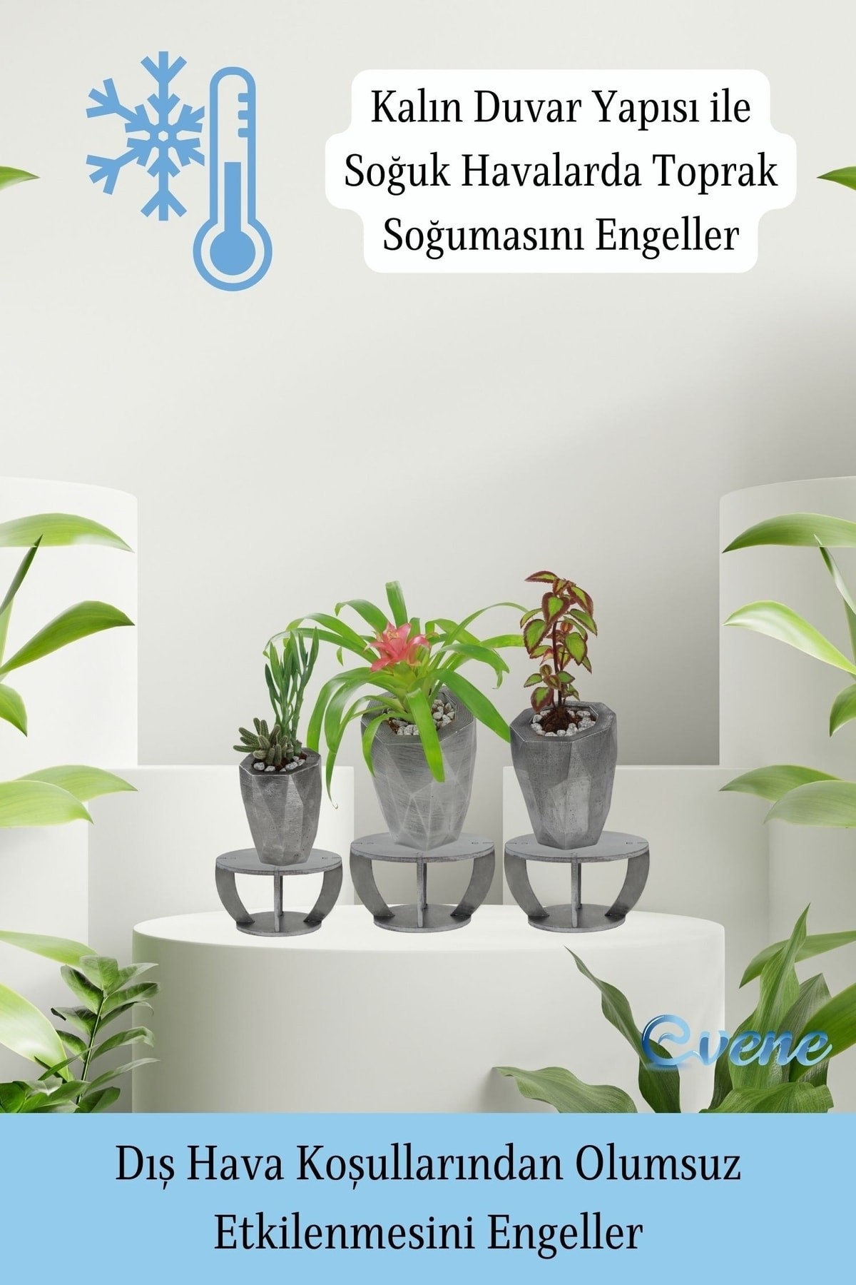 Ahşap Ayaklı Beton Saksı Büyük Boy Set 3 Adet Gümüş Varak Boyalı Eskitmeli Uzun Poly Model