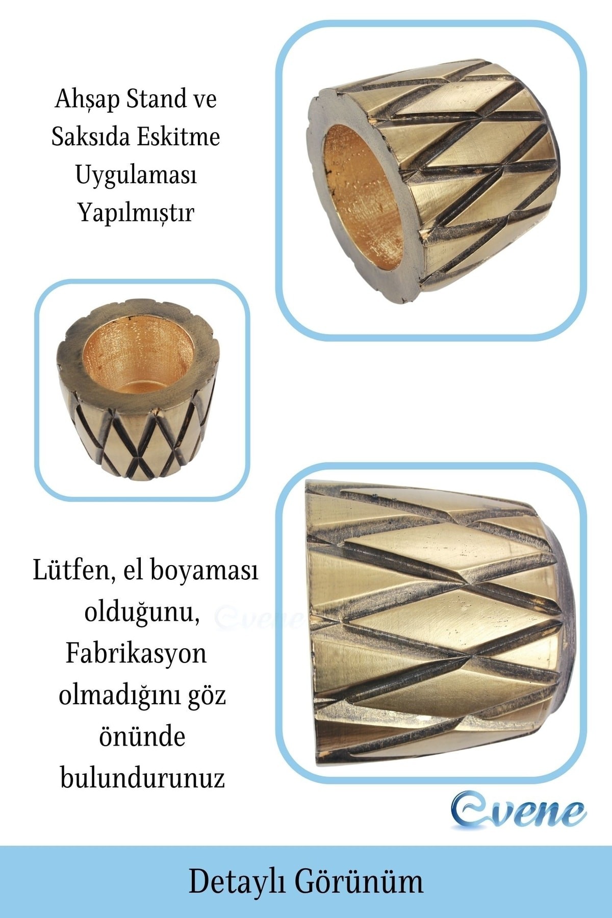 Ahşap Ayaklı Beton Saksı Büyük Boy 1 Adet Altın Varak Boyalı Eskitmeli Baklava Model