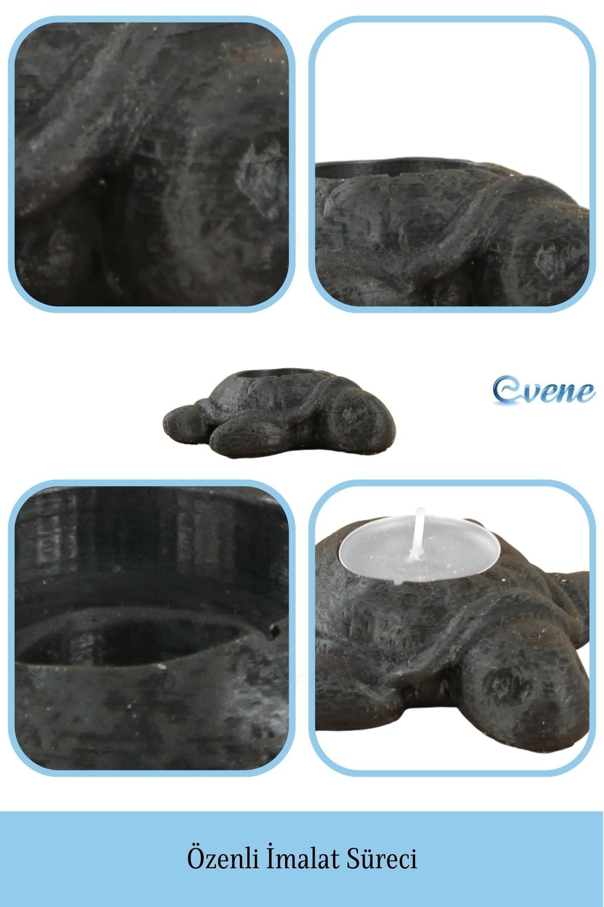 Siyah Mumluk Şamdan Tealight ve İnce Mum Uyumlu Kaplumbağa Model