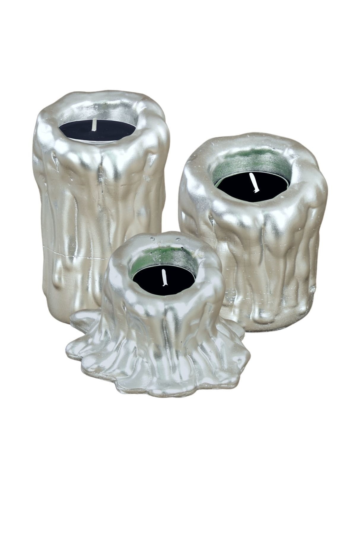 Şamdan Dekoratif Mumluk Gümüş Şamdan Set 3 lü (Üçlü) Tealight Uyumlu Erimiş Mum 3 Boy Model
