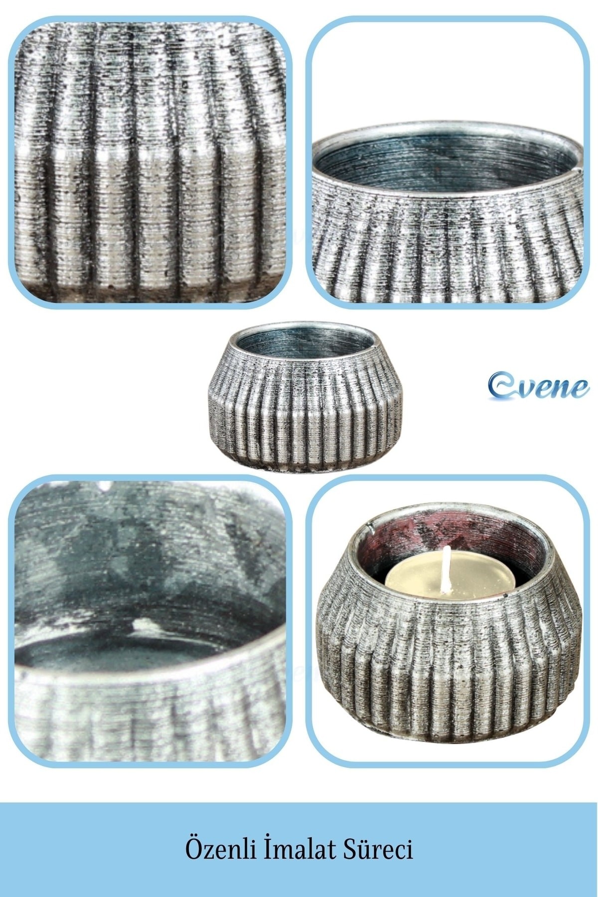 Gümüş Eskitme Mumluk Şamdan Tealight Mum Uyumlu Çizgili Model