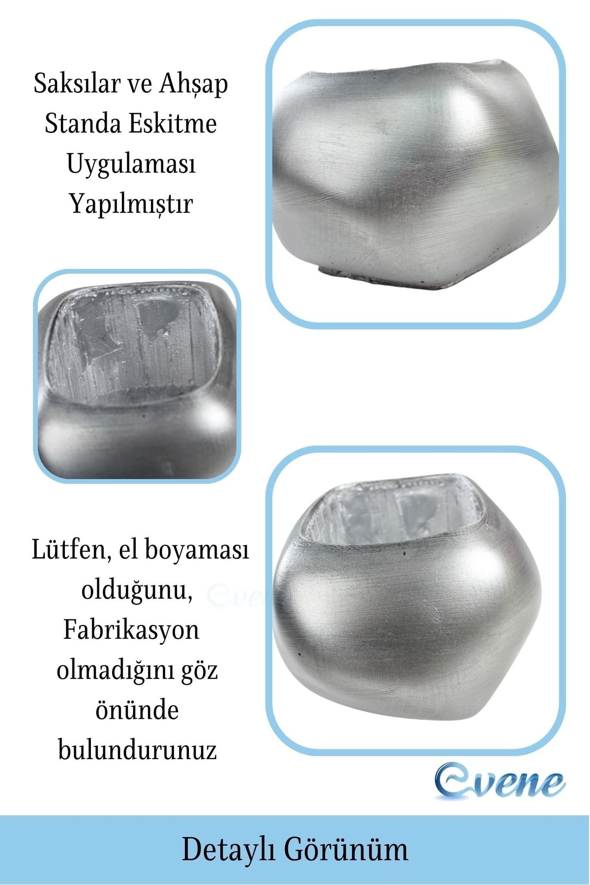 Ahşap Ayaklı Beton Saksı Büyük Boy Set 3 Adet Gümüş Varak Boyalı Eskitmeli Spiral Oval Model