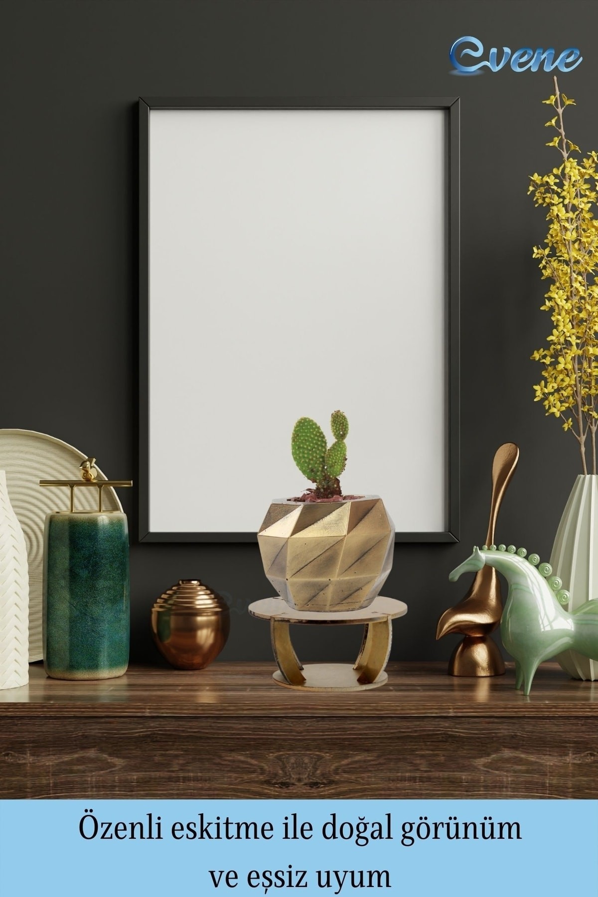 Ahşap Ayaklı Beton Saksı Dekoratif 1 Adet Altın Varak Boyalı Eskitmeli Dönen Poly Model