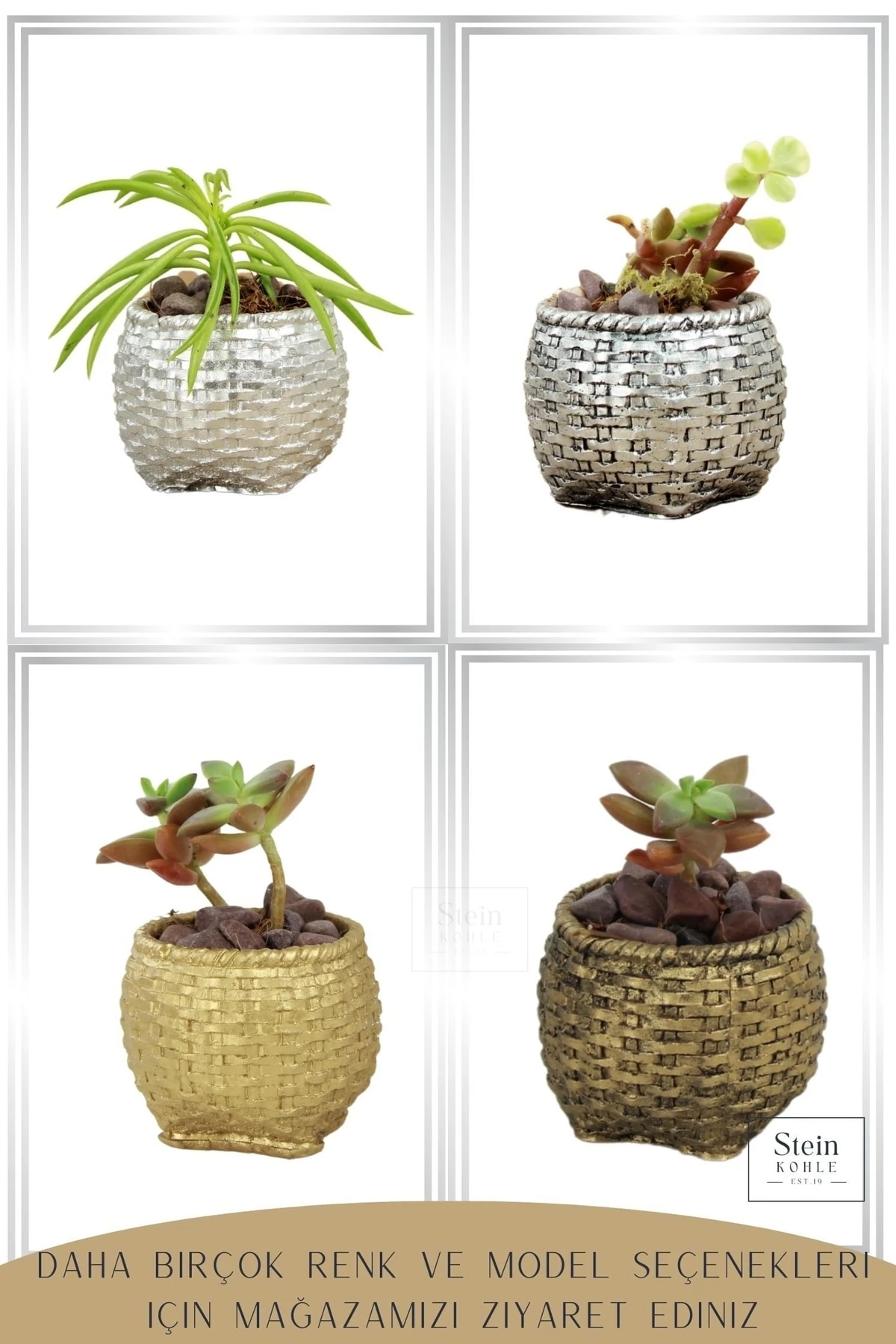 Dekoratif Saksı Minik Kaktüs Saksısı Altın Renk 3 Adet Saksı Seti Sepet Örgü Model