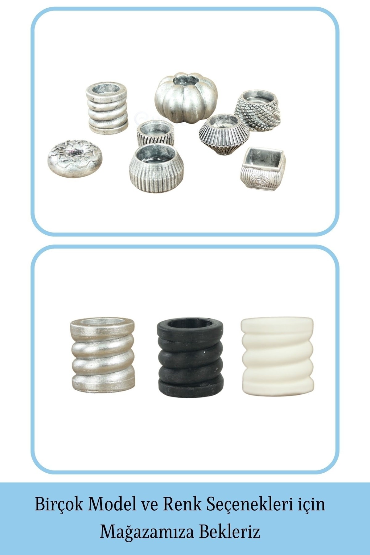 Gümüş Eskitme Mumluk Şamdan 3 Adet Tealight ve İnce Mum Uyumlu Spiral Model