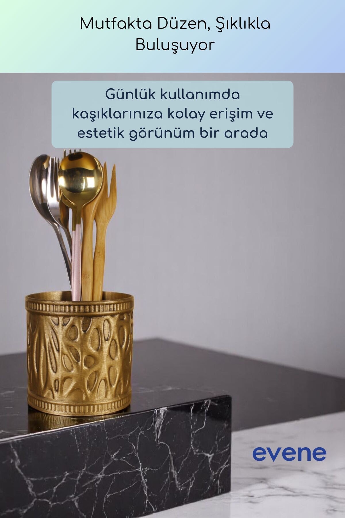 Tezgah Üstü Kaşıklık Dekoratif Dik Kaşıklık Silindir Kaşıklık Altın Eskitme Renk Model 76