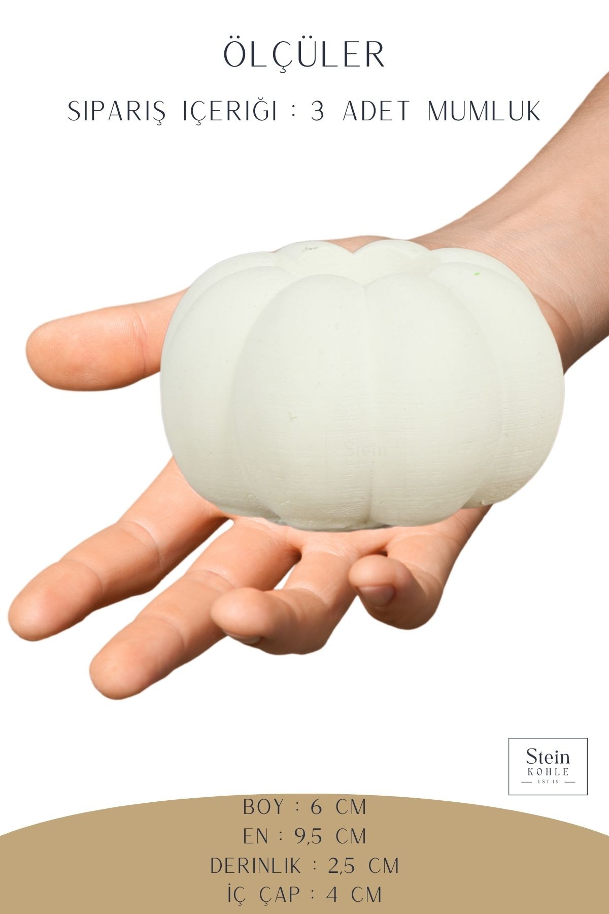 Şamdan Dekoratif Mumluk Beyaz Şamdan Set 3 lü (Üçlü) Tealight ve Uzun Mum Uyumlu Kabak Model