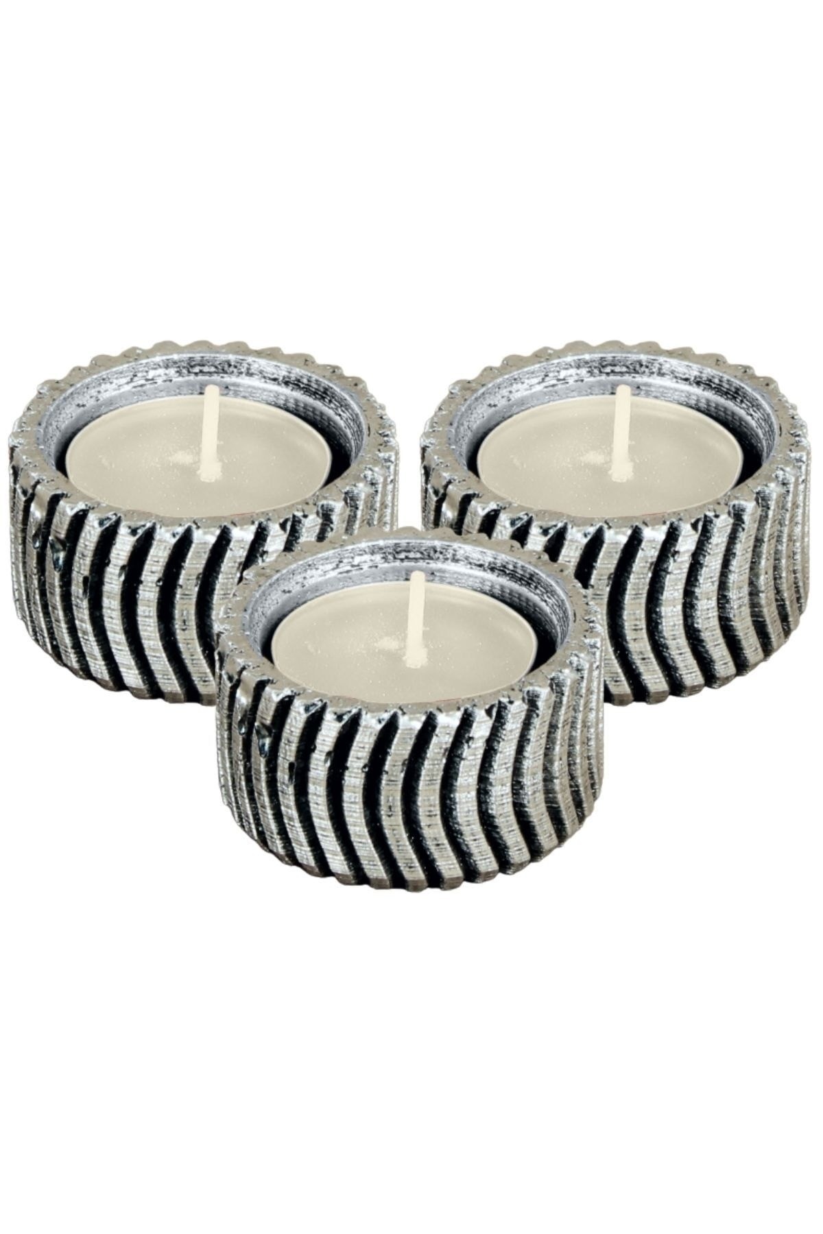 Şamdan Dekoratif Mumluk Gümüş Eskitme Şamdan Set 3 lü (Üçlü) Tealight Uyumlu Tekerlek Model