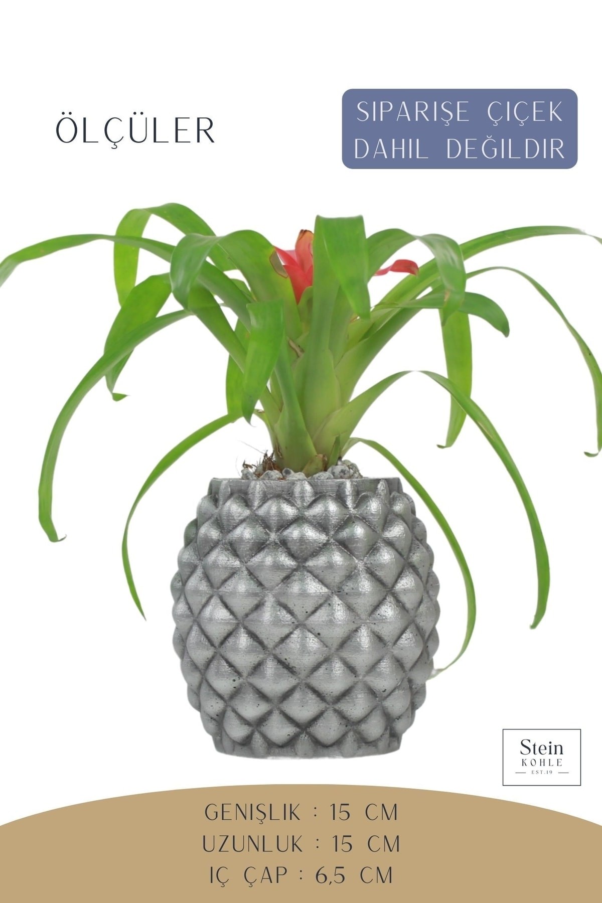 Çiçek Saksısı Büyük Boy 1 Adet Gümüş Renk Eskitme Uygulamalı Ananas Model