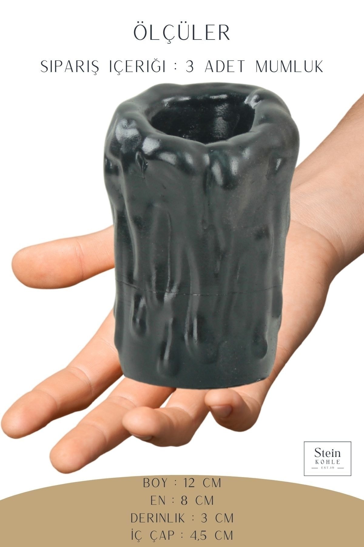 Şamdan Dekoratif Mumluk Siyah Şamdan Set 3 lü (Üçlü) Tealight Uyumlu Erimiş Mum Büyük Model