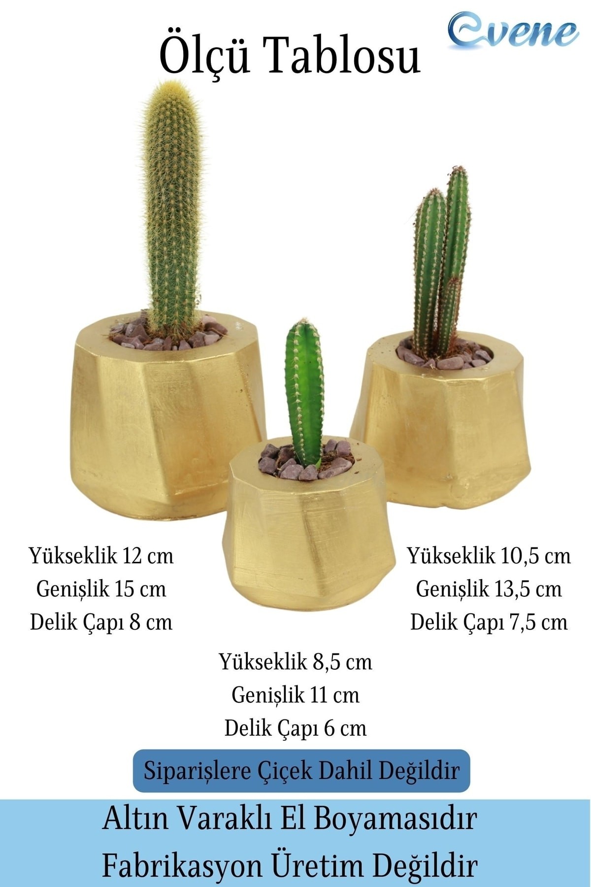 Saksı Çiçek Kaktüs Saksısı Lüx 15 Cm Altın Varak Boyalı Kalın Çizgi Desenli 3'lü Set Çiçeklik
