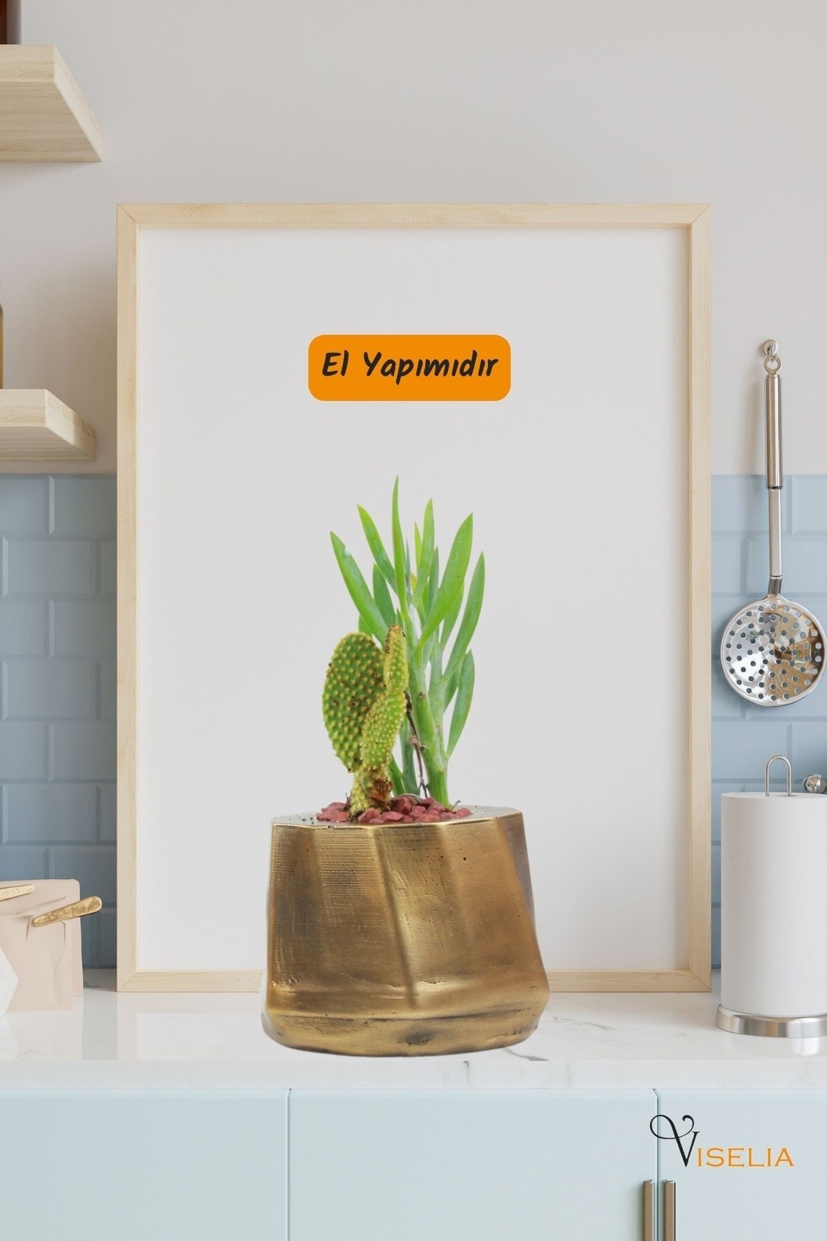 Viselia Dekoratif Saksı Altın Eskitme Küçük Çiçek Saksısı Kalın Çizgili Model