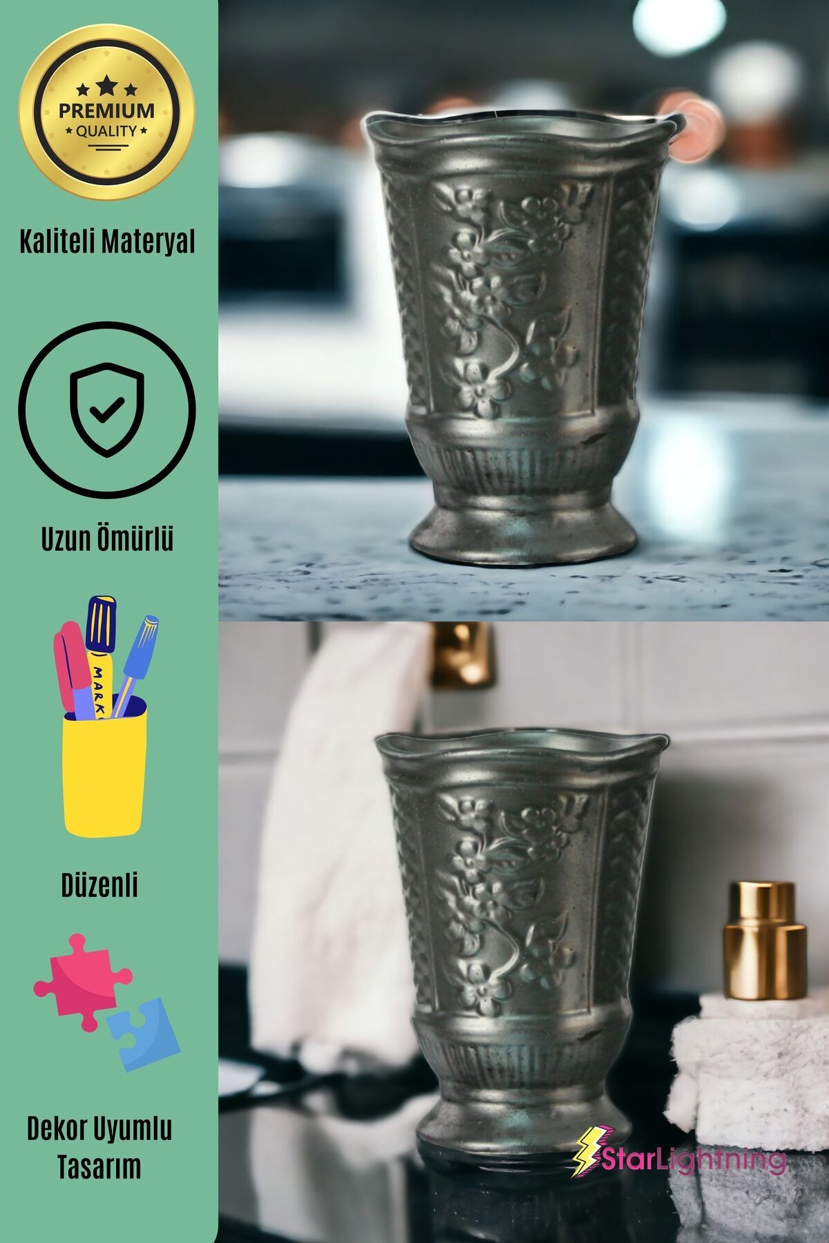 Kalemlik Gümüş Eskitme Renk Masa Kalemliği Organizer Kalemlik Model 9