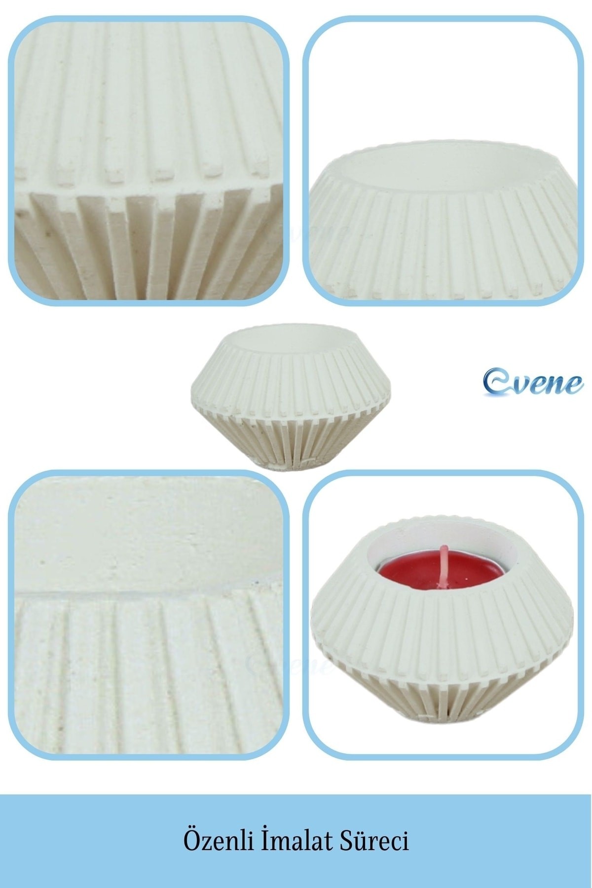 Beyaz Mumluk Şamdan 3 Adet Tealight Uyumlu Elmas Çizgili Model