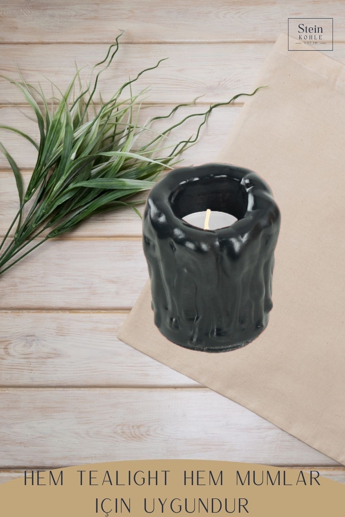 Şamdan Dekoratif Mumluk Siyah Şamdan Tealight Mum Uyumlu Erimiş Mum Orta Model