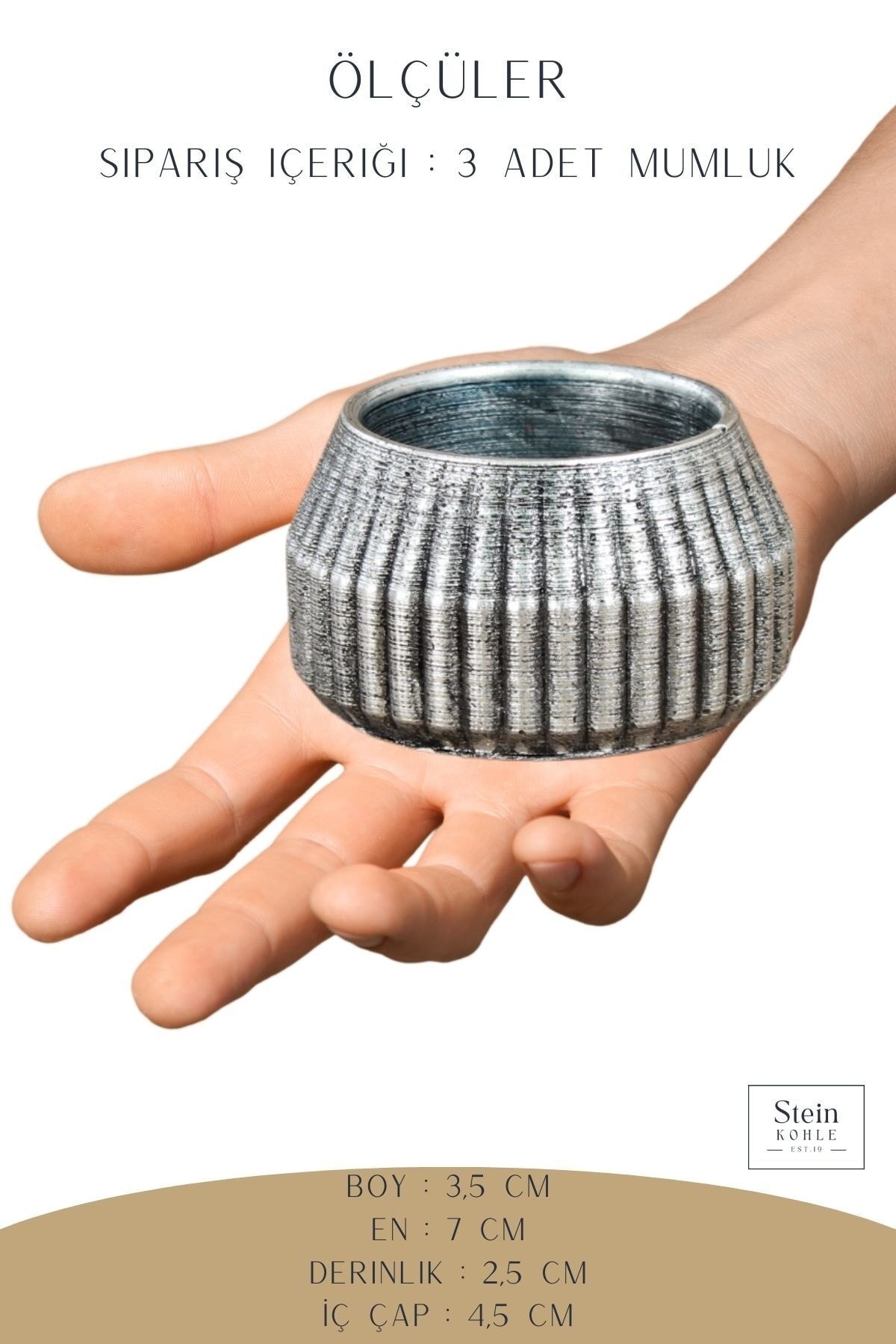Şamdan Dekoratif Mumluk Gümüş Eskitme Şamdan Set 3 lü (Üçlü) Tealight Uyumlu Çizgili Model