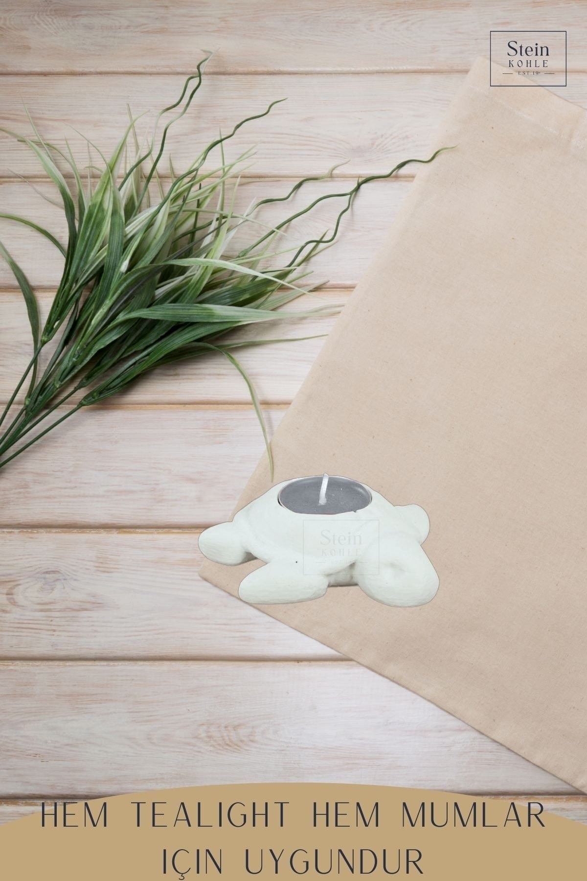 Şamdan Dekoratif Mumluk Beyaz Şamdan Set 3 lü (Üçlü) Tealight ve Uzun Mum Uyumlu Kaplumbağa Model