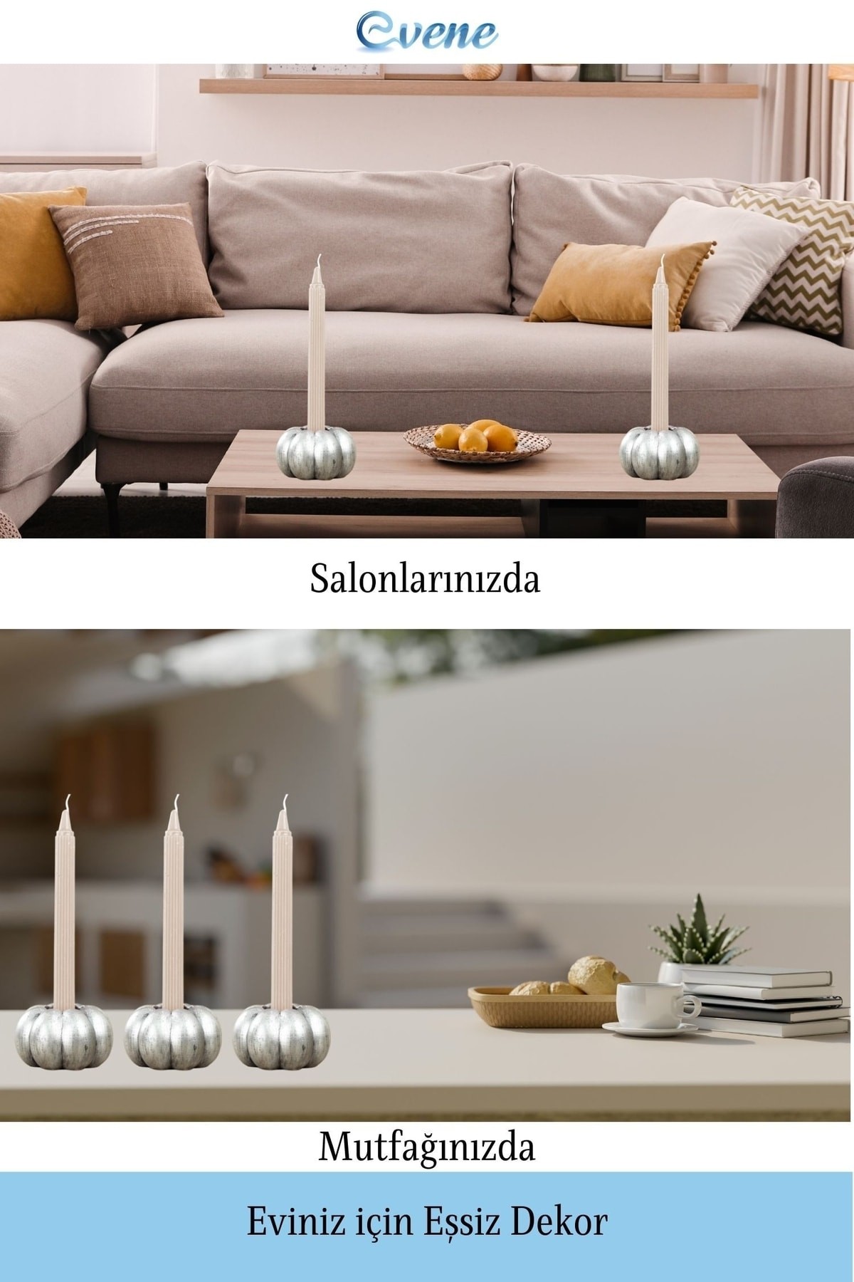Gümüş Eskitme Mumluk Şamdan 3 Adet Tealight ve İnce Mum Uyumlu Kabak Model
