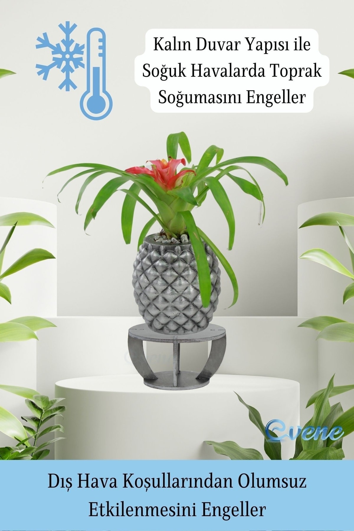 Ahşap Ayaklı Beton Saksı Büyük Boy 1 Adet Gümüş Varak Boyalı Eskitmeli Ananas Model