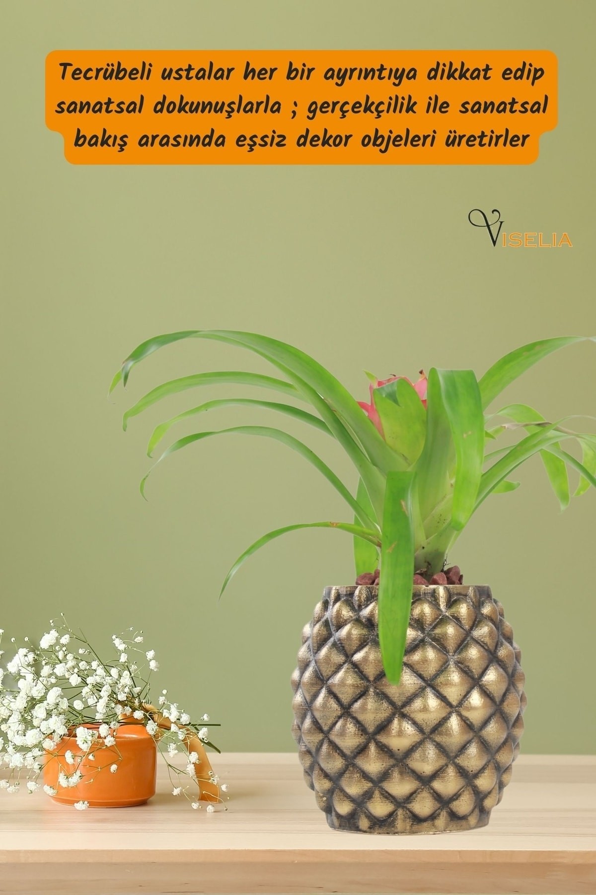 Dekoratif Saksı Altın Eskitme Büyük Çiçek Saksısı Ananas Model