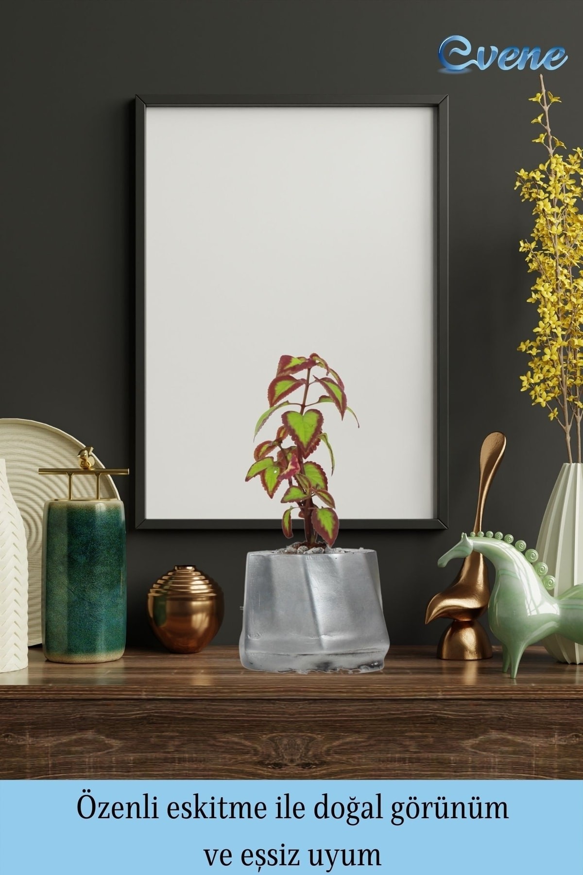 Saksı Çiçek Kaktüs Saksısı Lüx 11,5 cm Gümüş Eskitme Varak Boyalı Kalın Çizgi Desen Saksı Çiçeklik
