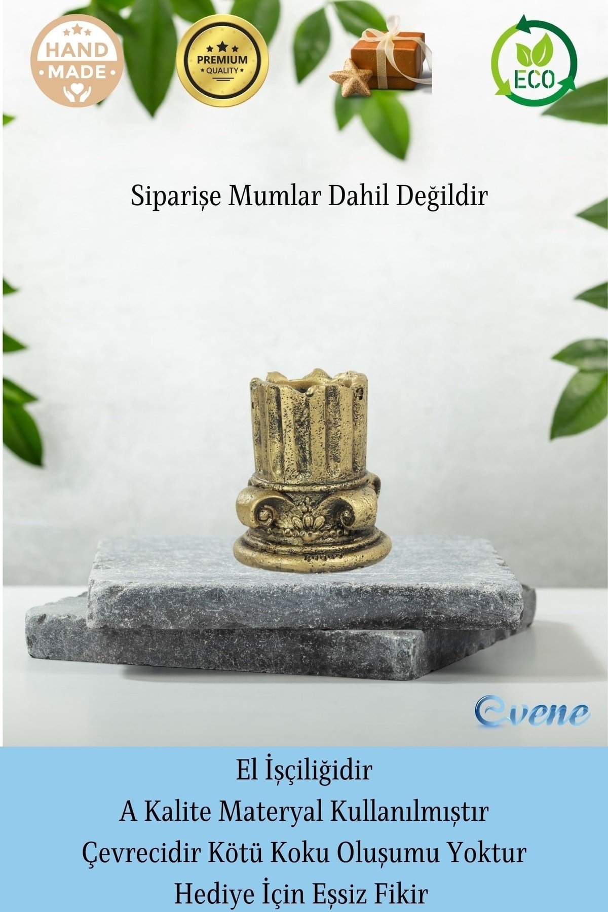 Altın Eskitme Mumluk Şamdan 3 Adet Tealight Uyumlu Tarihi Sütun Model