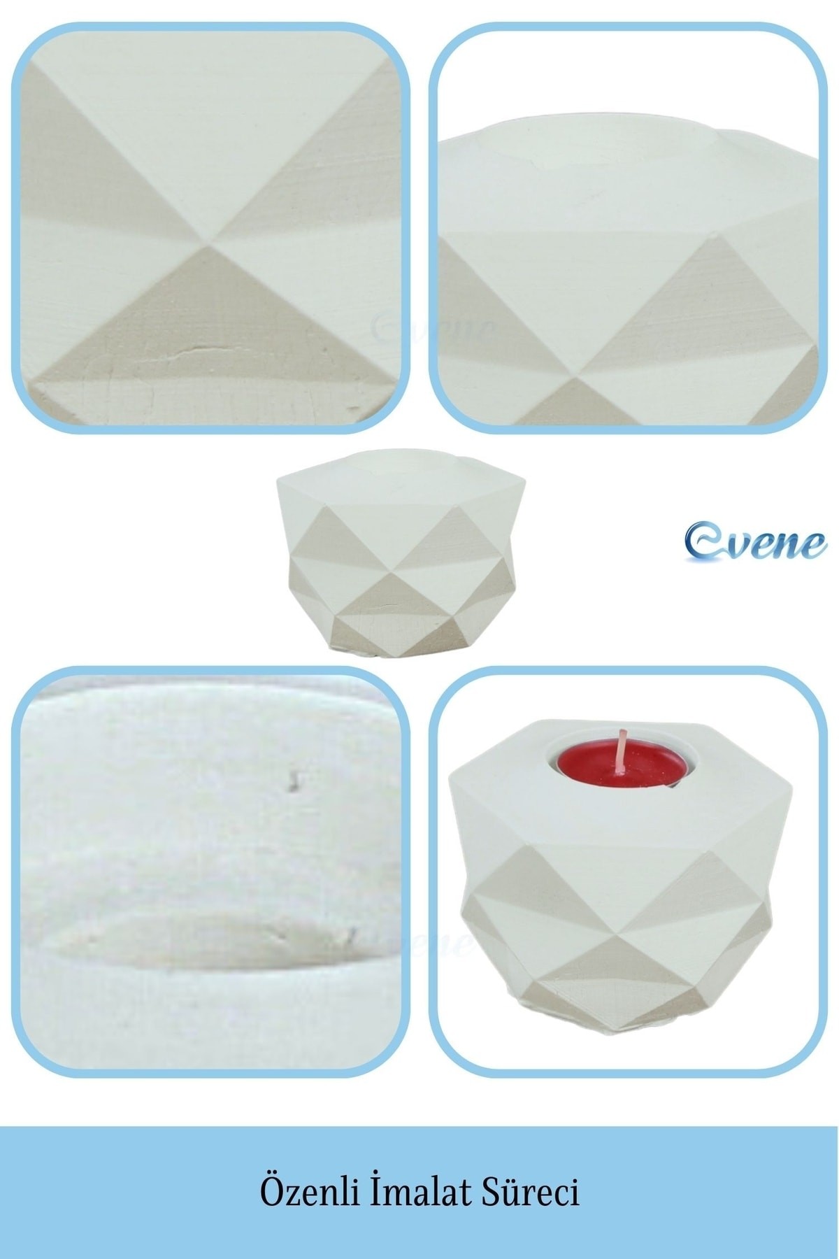 Beyaz Mumluk Şamdan 3 Adet Tealight ve İnce Mum Uyumlu Prizma Model