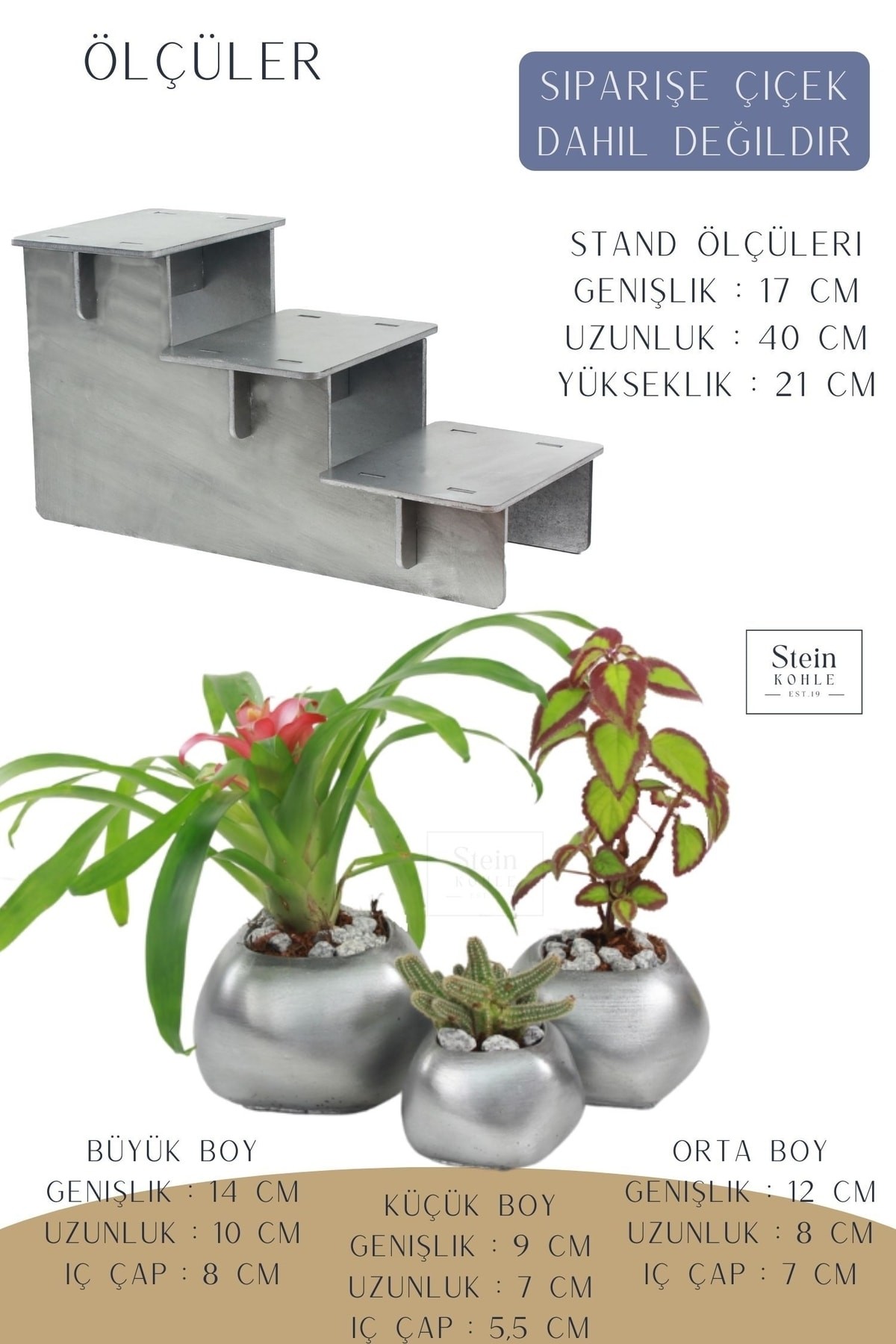 Ayaklı Saksı Ahşap Büyük Boy 3 Adet Gümüş Renk Eskitme Uygulamalı Spiral Oval Model