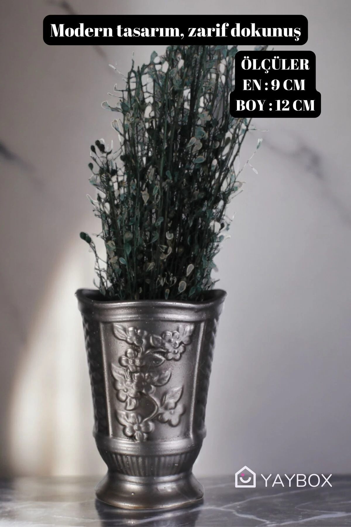 Dekoratif Vazo El Yapımı Gümüş Eskitme Renk Model 45