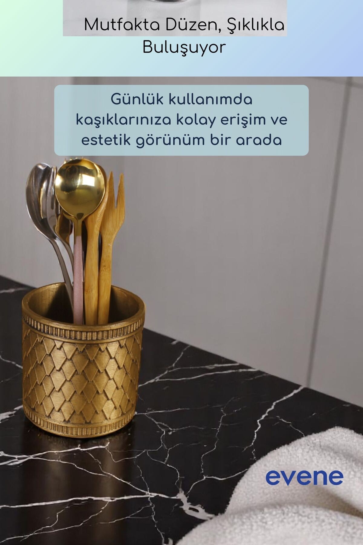 Tezgah Üstü Kaşıklık Dekoratif Dik Kaşıklık Silindir Kaşıklık Altın Eskitme Renk Model 87