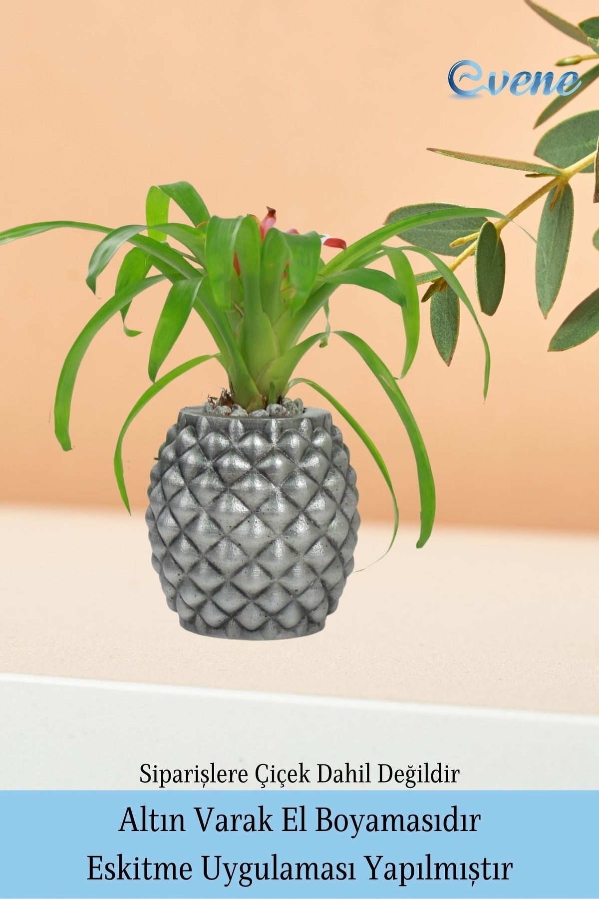 Ahşap Ayaklı Beton Saksı Büyük Boy 1 Adet Gümüş Varak Boyalı Eskitmeli Ananas Model
