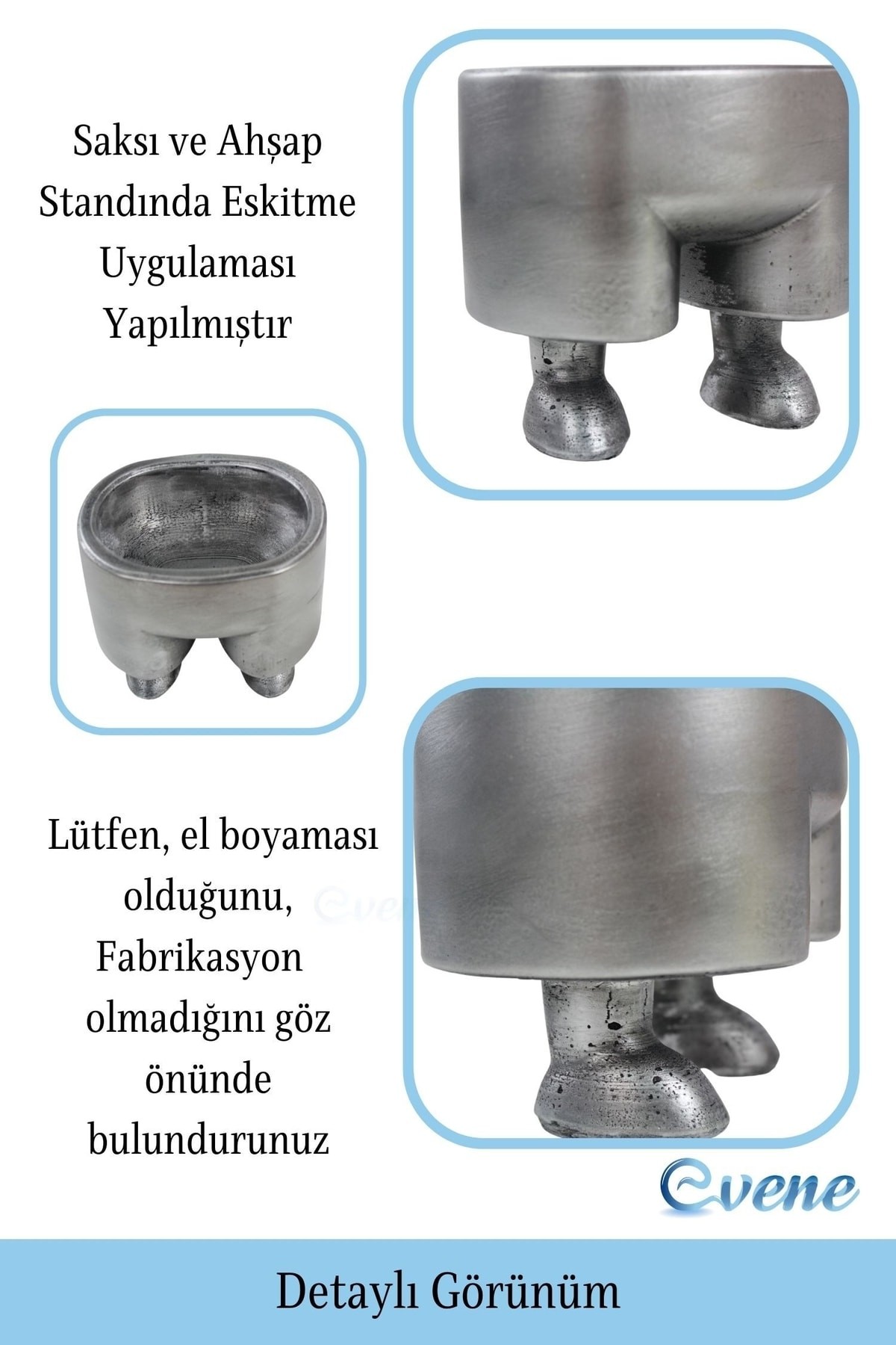 Ahşap Ayaklı Beton Saksı Büyük Boy 1 Adet Gümüş Varak Boyalı Eskitmeli Pantolon Model