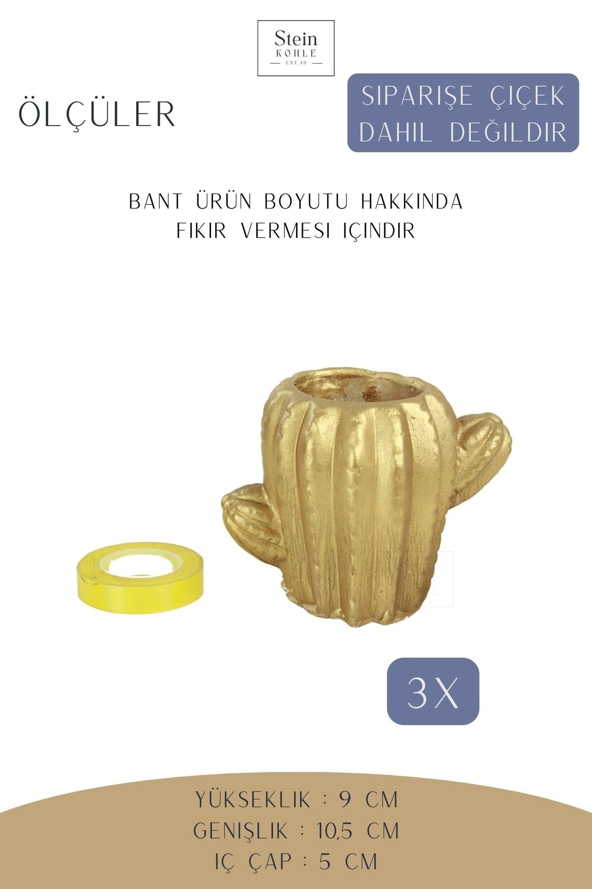 Dekoratif Saksı Minik Kaktüs Saksısı Altın Renk 3 Adet Saksı Seti Kaktüs Model