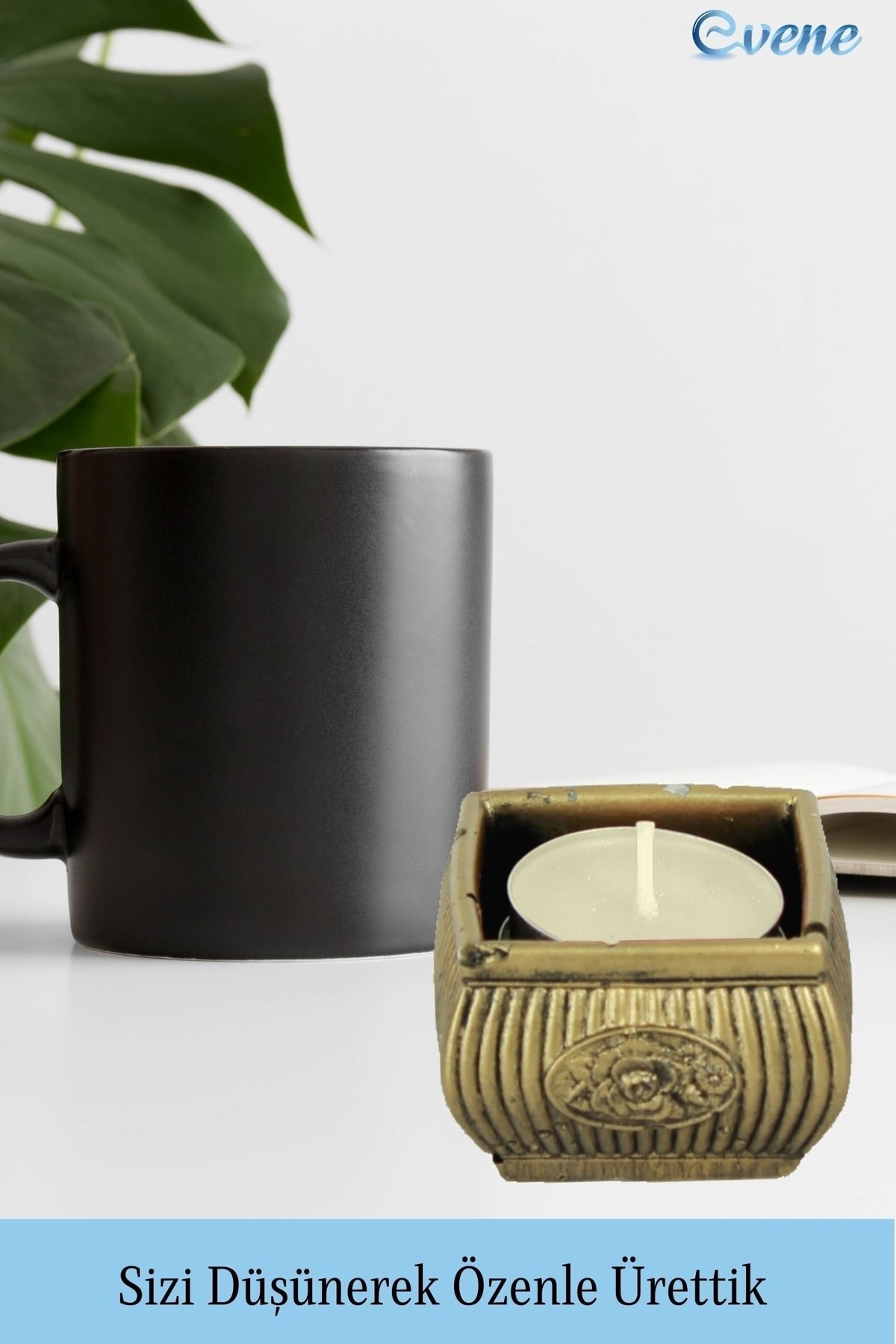 Altın Eskitme Mumluk Şamdan Tealight Mum Uyumlu Mini Çizgili Çiçekli Model