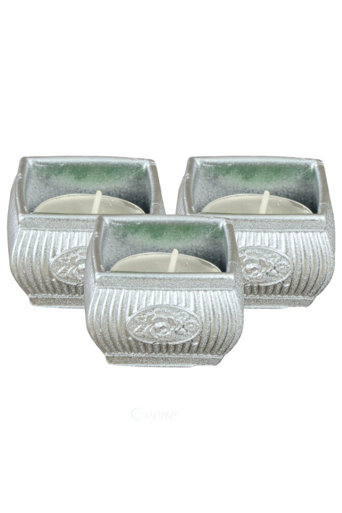 Gümüş Mumluk Şamdan 3 Adet Tealight Uyumlu Üçlü Mini Çizgili Çiçekli Model