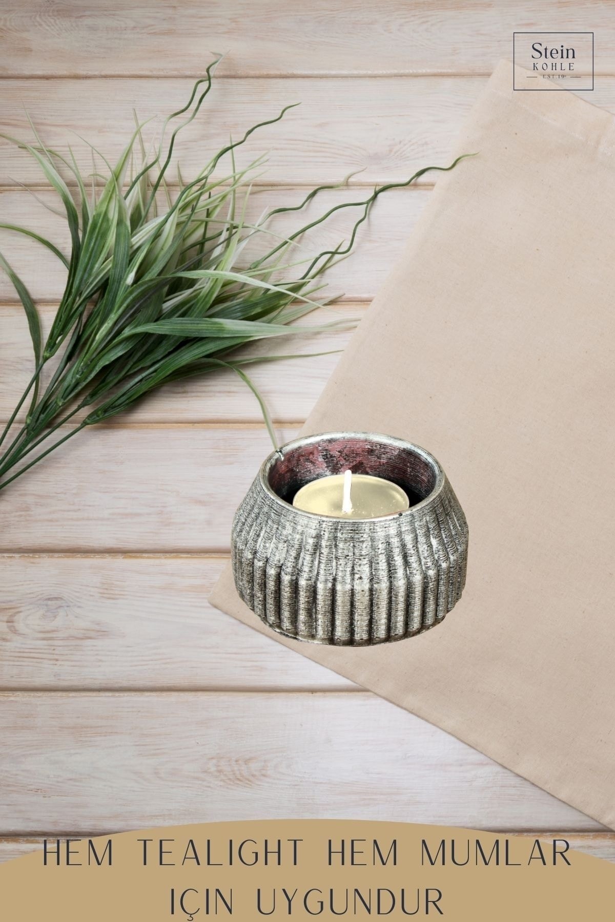 Şamdan Dekoratif Mumluk Gümüş Eskitme Şamdan Set 3 lü (Üçlü) Tealight Uyumlu Çizgili Model