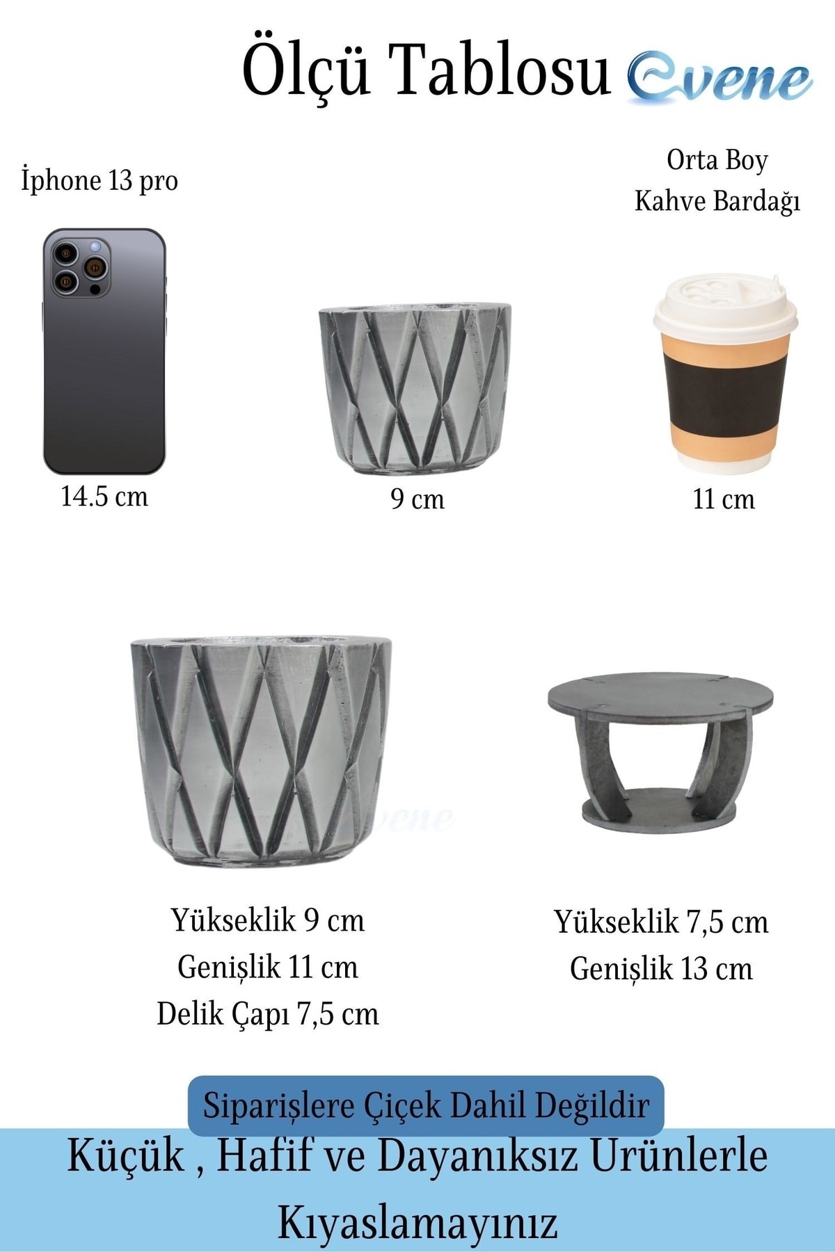 Ahşap Ayaklı Beton Saksı Dekoratif 1 Adet Gümüş Varak Boyalı Eskitmeli Baklava Model
