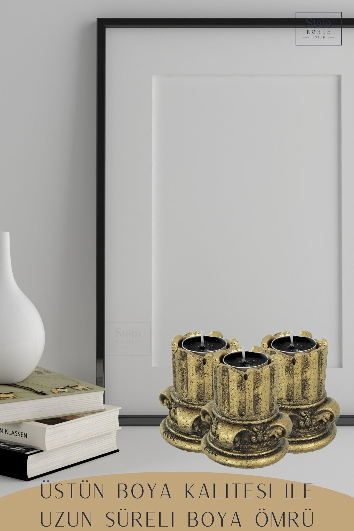 Şamdan Dekoratif Mumluk Altın Eskitme Şamdan Set 3 lü (Üçlü) Tealight Uyumlu Sütun Model